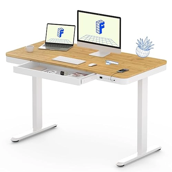 FLEXISPOT Comhar Electric Standing Desk with Drawer Desktop & Adjustable Frame w/USB Charge Ports (Bamboo Texture/White, Wood)