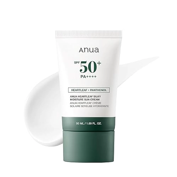 ANUA Heartleaf Silky Moisture Sun Cream SPF 50 PA++++, Korean Sunscreen for Face, Korean Skincare, Korean Makeup Base, Niacinamide, Fragrance Free,Travel Essentials, Low White Cast, 50ml /1.69fl.oz