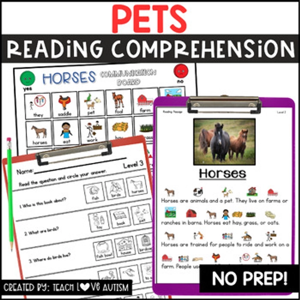 Pets Reading Comprehension with Visuals | Differentiated Passages and Questions