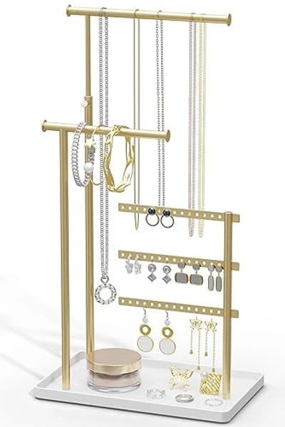susswiff Jewelry Holder Organizer Stand - Adjustable Tall 17.5" (Max), Gift for Women, Gold Jewelry Hanger for Necklaces, Earrings, Bracelets, Rings - Gold