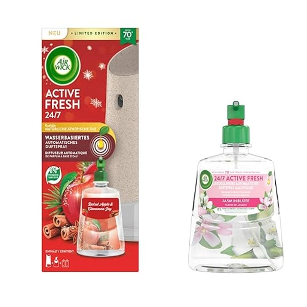 Air Wick Active Fresh Wasserbasiertes Automatisches Duftspray Starter Set Baked Apple & Cinnamon Joy 228ml & Nachfüller Jasminblüte - Jasminblüte