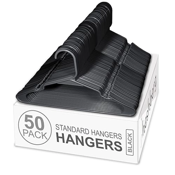 Heshberg Plastic Notched Hangers Space Saving Tubular Clothes Hangers Standard Size Ideal for Everyday Use on Shirts, Coats, Pants, Dress, Skirts, Etc. (50, Black) - 50 - Black