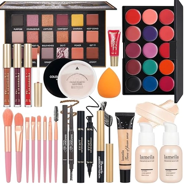 All in One Makeup Kit for Women Full Kit, Travel Makeup Kit, Makeup Gift Set for Women & Girls, Makeup Essential Bundle Include Foundation Eyeshadow Palette Lipstick Eyebrow Pencil Cosmetic Brush Set