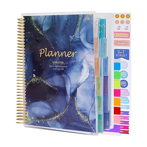 Sophie - Large Undated Planner, 8.9”x7.1”, PET Cover Daily Weekly Monthly Yearly Agenda Organizer Sprial Notebook Journal for 2024, 2025, Page Tabs, Separator Page, Pocket Folder, Sticky Note Set - Purple