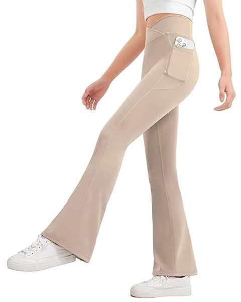 JOCMIC Girls Flare Leggings Kids Bell Bottom Cross High Waisted Dance Yoga Flared Pants - 9-10 Years - Khaki