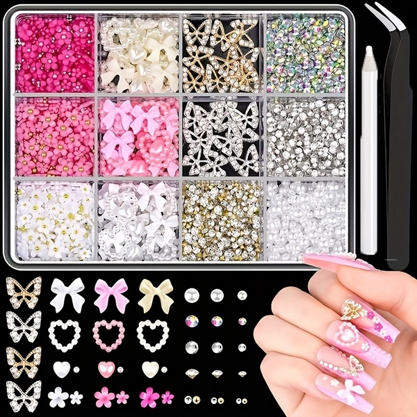 1000pcs Nail Art Decoration Kit - Resin Pearls, Rose Flowers & Star Charms for DIY Manicures and Pedicures