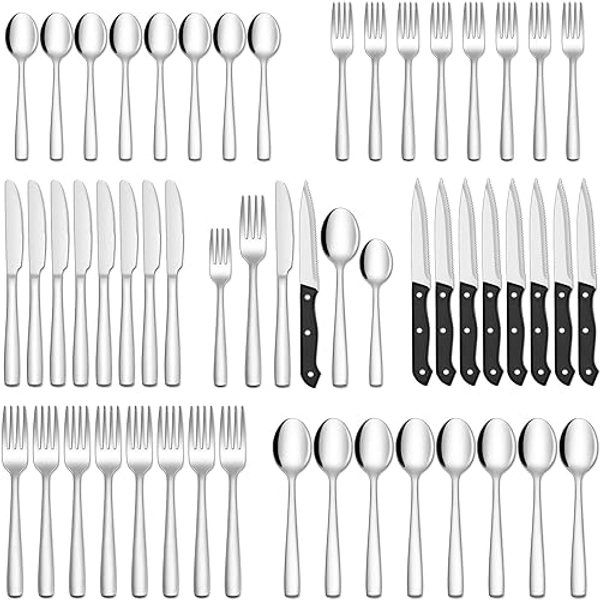 HIWARE 48-Piece Silverware Set with Steak Knives for 8, 18/8 Stainless Steel Flatware Cutlery Set For Home Kitchen Restaurant Hotel, Kitchen Utensils Set, Mirror Polished, Dishwasher Safe - 48-Piece - Silver