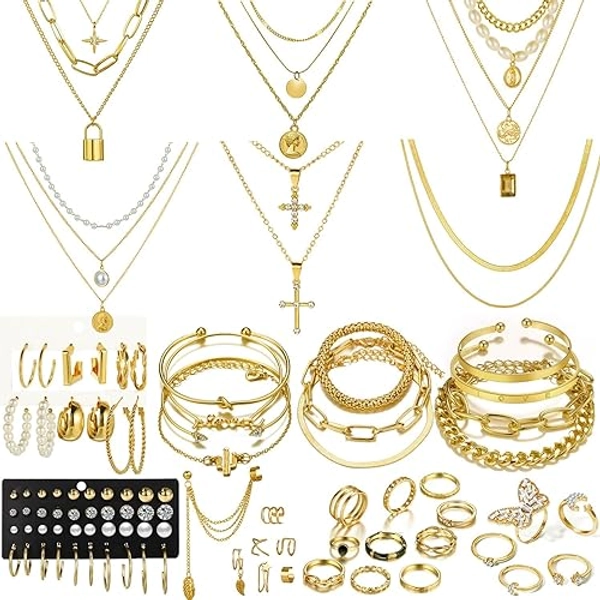 73 Pcs Gold Jewelry Set with 6Pcs Layered Necklace, 11 Pcs anklet and 7Pcs Earring Ear Cuff,12Hoop Earrings ,15pcs Rings,21pcs stud earrings Jewerly set for Women Pack for Friendship Party Gift - AA-gold
