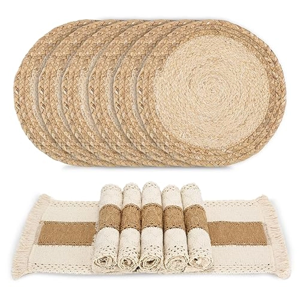 Zology Handmade Boho Placemats Set of 6 - Natural Cotton Burlap and Water Straw Woven Combination Table Mats, Macrame Décor and Farmhouse Style Placemats, for Dining Table Kitchen - 6