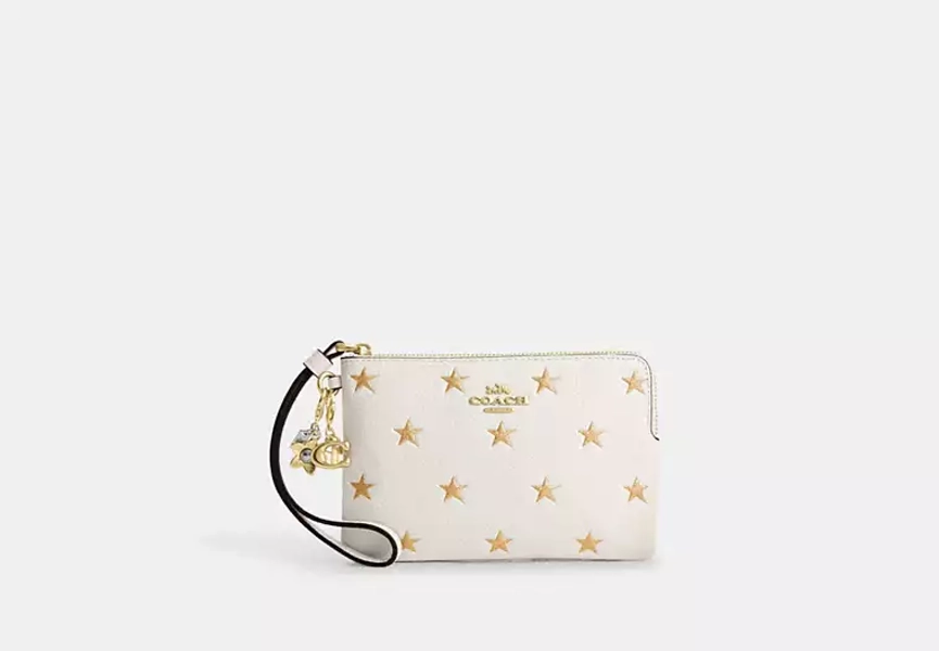 Gold/Chalk Multi Boxed Corner Zip Wristlet With Star Print And Charms