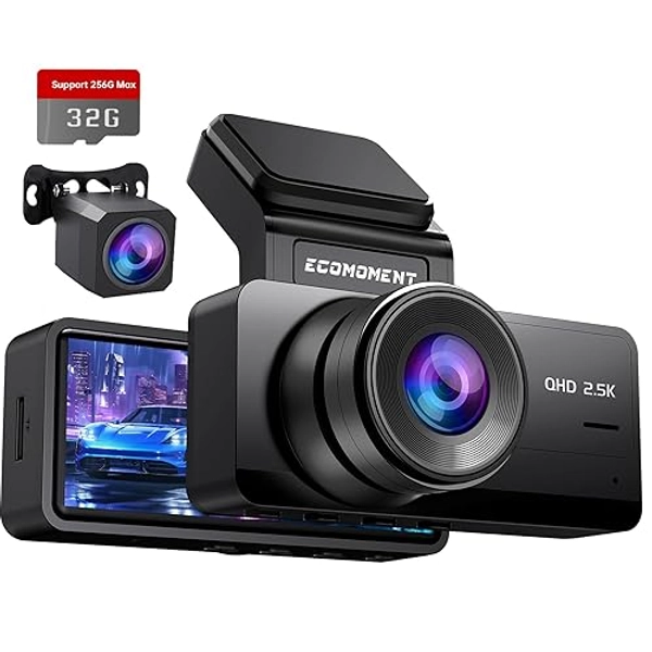 Dash Cam Front and Rear: 2.5K+1080P Dual Dash Camera for Cars, Ecomoment S70 Car Camer with 3.16" IPS Screen, 170° Wide Angle, Night Vision, G-Sensor, 24H Parking Monitor, 32GB SD Card Included