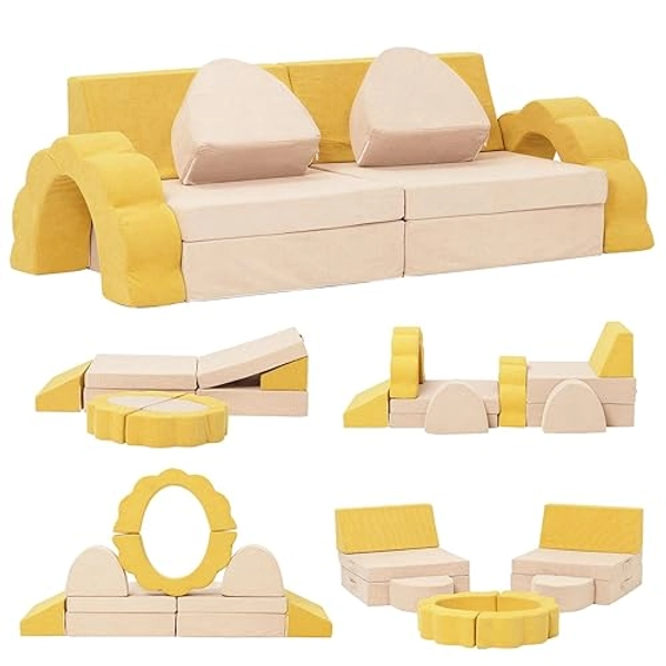 Kids Couch, Modular Kids Play Couch, 10PCS Kids Sofa Imaginative Climbing Playset for Creative Kids, Toddler to Teen Foam Floor Couch, Girls and Boys Playroom Convertible Sofa, Toddler Couch - Yellow & Beige
