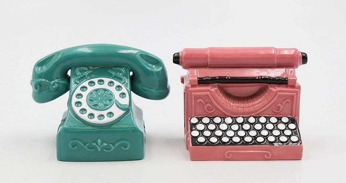 Fine Porcelain Vintage Retro Telephone and Typewriter Salt & Pepper Shakers Set, 3-3/8"