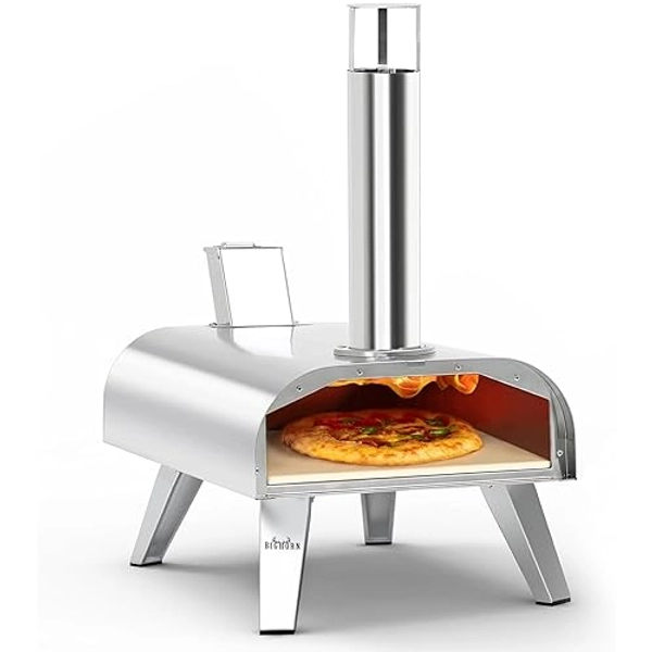 BIG HORN OUTDOORS Pizza Ovens Wood Pellet 12” Pizza Oven Cooking Pizza Maker Portable Stainless Steel Pizza Grill, Silver Portable Party use - Silver