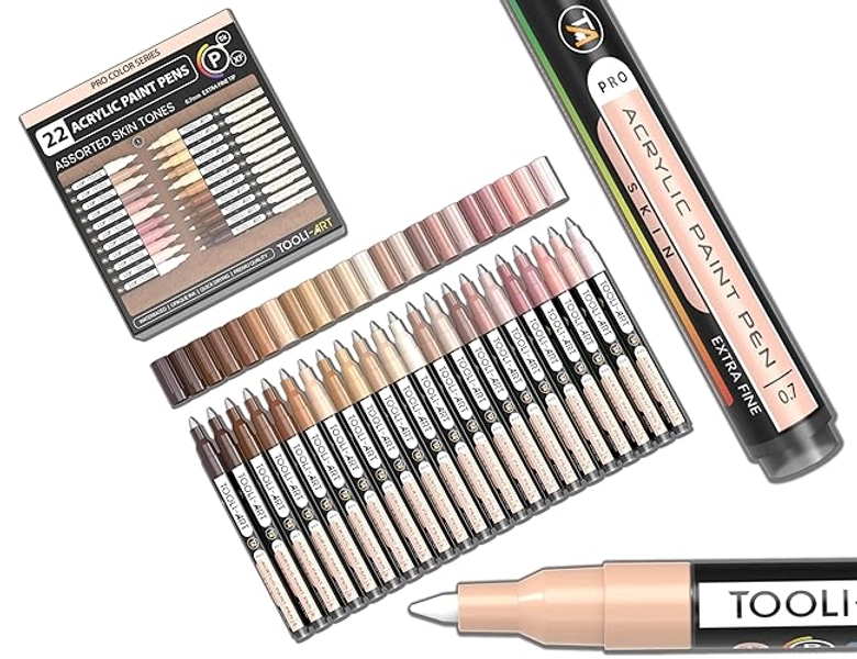 TOOLI-ART Lot de 22 marqueurs de peinture acrylique Skin Pro Color Series - Pointe extra fine de 0,7 mm - Pour peinture sur roche, verre, tasses, bois, métal, toile, bricolage - Non toxique - À base - Peau