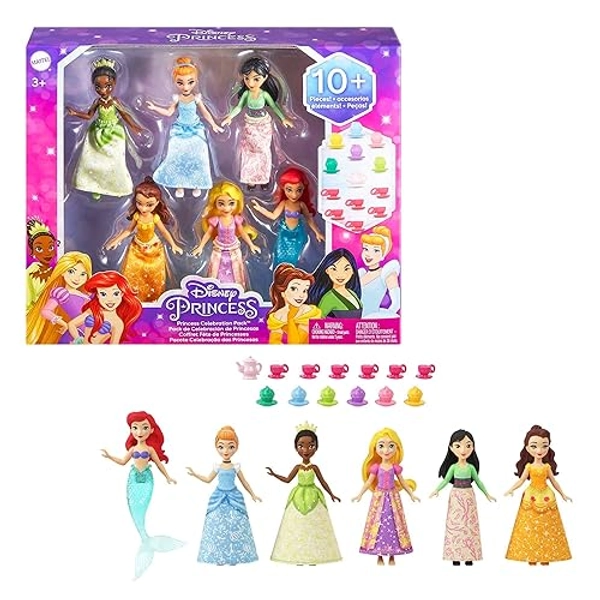 Mattel Disney Princess Toys, Small Doll Party Set with 6 Posable Princess Dolls in Sparkling Clothing & 13 Tea Time Accessories - 6 Pack