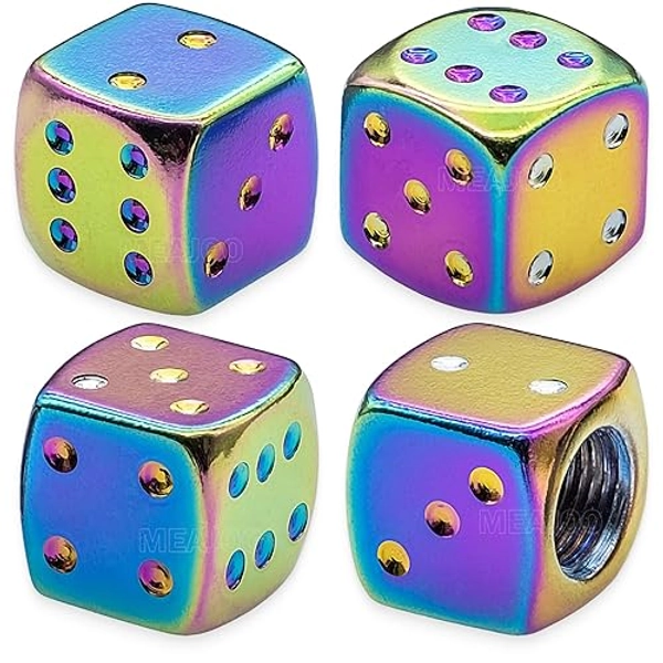 MEAJOO 4PCS Aluminum Dice Tire Valve Stem Caps, Universal Aluminium Alloy Dustproof Tire Valve Stem Covers for Cars, SUV, Trucks, Bikes, Motorcycles, Bicycles(Colorful) - 4 pcs - Dice-Colorful