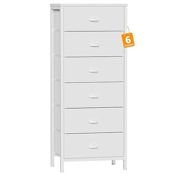 Furnulem White Tall Dresser for Bedroom,Vertical Storage Tower Unit and End Table with 6 Drawers, Nightstand Furniture with Fabric Drawer Organizer in Living Room,Closet,Entryway,Hallyway - White - 11.5"D x 16"W x 43"H (6 Drawers)