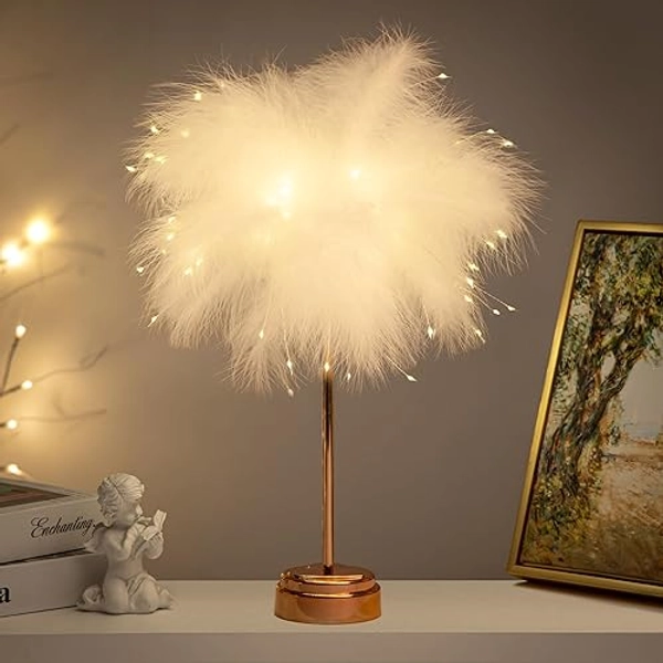 BDUSXYZ White Feather Lamp - LED Atmosphere Feather Night Lights Bedside Lamps for Mother, Girlfriend Home Girl Room Wedding Decoration - White