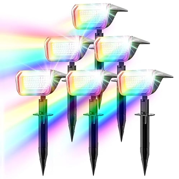 Linkind Bunt Solarlampen für Außen, RGB & Weiß Solar Strahler Garten mit 10 Modi, Solar Außenleuchte 2 in 1 Montage, IP67 Außen Gartenstrahler für Party, Bäume, Vorgarten, Hof, 6 Stück - 6 Stück - 50led-rgbw