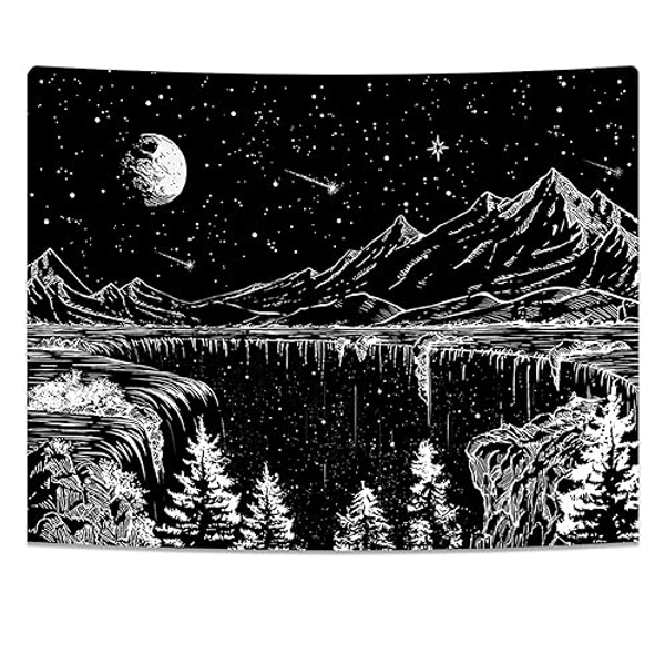 Simpkeely Black and White Tapestry Starry Night Tapestry Mountain Tapestry Moon Stars Tapestry for Bedroom Living Room - 51 x 59 inches - 150L x 130W cm