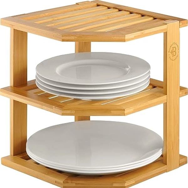 Cabinet Organizer Shelf - Kitchen Organizer & Plate Organizer for Cabinet Space Saver, Stackable Bamboo Corner Rack for Dishes, Bowls, Bread Pantry, Kitchen Countertop Stand or Bathroom Storage - Bamboo