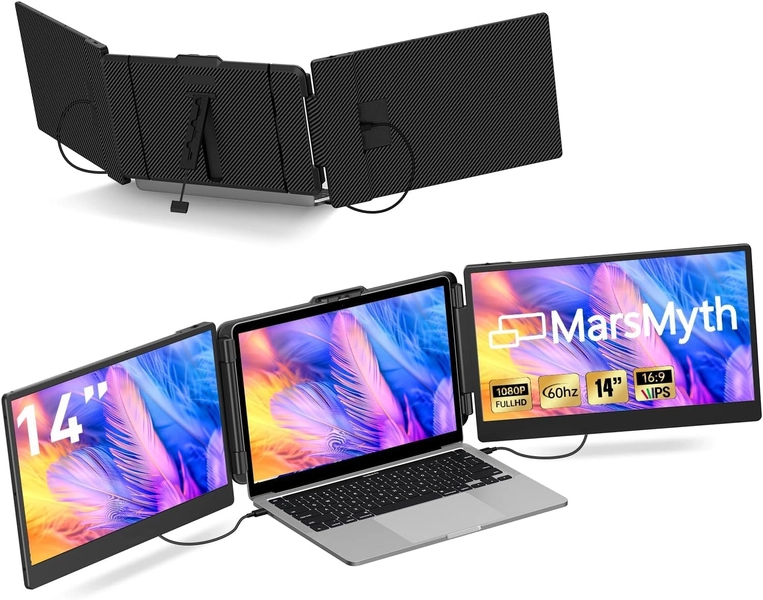 MarsMyth S2 14'' Triple Monitor for Laptop Screen Extender, Dual Monitor 1080P HD, Plug & Play, Laptop Monitor Extender for 13-17'' Laptops, Compatible with All Laptops