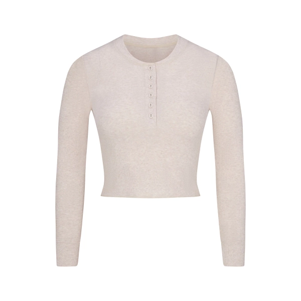 COTTON RIB LONG SLEEVE CROP HENLEY | HEATHER OATMEAL | XXS