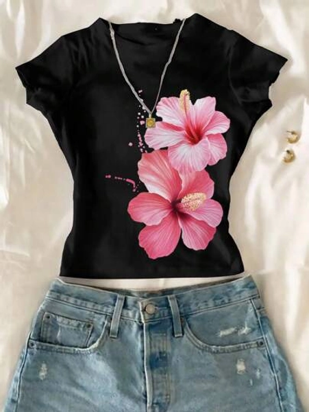 Tween Girls Casual Floral Crop Slim Fit Round Neck T-Shirts, Comfortable For Summer