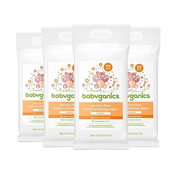 Babyganics Alcohol-Free Hand Sanitizing Wipes, Mandarin, Kills 99.9% of Common Bacteria, Moisturizing, 80 ct (20 count, 4 pack), Packaging May Vary