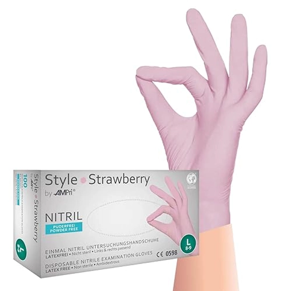 AMPri Nitrilhandschuhe, rosa, 100 Stück/Box, Größe S, puderfrei, Style Strawberry by Med-Comfort: Nitril Einmalhandschuhe, Einweghandschuhe in den Größen XS, S, M, L, XL - Rosa - S