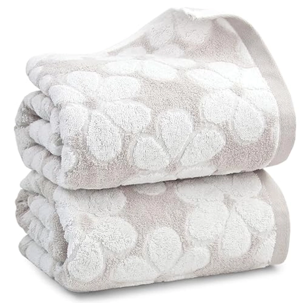 Soft Bath Towels 2 Pack, Super Absorbent Shower Towels 27.5x55 Inches, Cute Floral Jacquard Bathroom Towel Set, Cotton, Light Beige