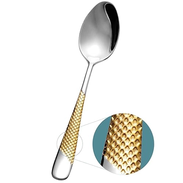 Xideman® Prämie 6-teiliges Gehämmertes Suppenlöffel, Esslöffel 18/10 Edelstahl. 20,2 cm Groß löffel set, Tafellöffel für Zuhause, Küche oder Restaurant, spülmaschinenfest (Silber Gold) - Silber Gold
