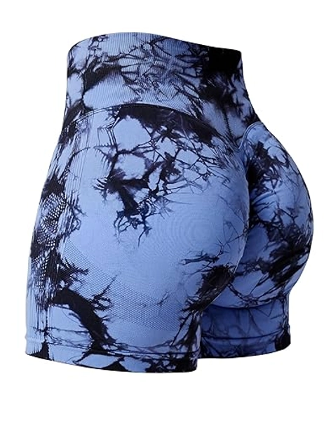 YEOREO Professional Women Workout Shorts 3.6" Scrunch Shorts Seamless High Waisted Contour Gym Yoga Biker Shorts - Dark Blue Tie Dye - Medium