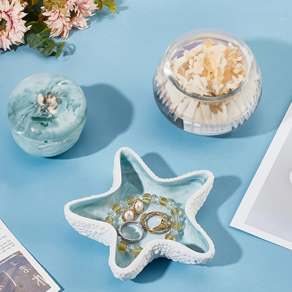 White Ceramic Starfish Jewelry Tray with Pearl Accents – Creative Shell-Shaped Storage for Earrings, Rings, Beads, and Decorative Items, Perfect for Holiday Decor or Everyday Use