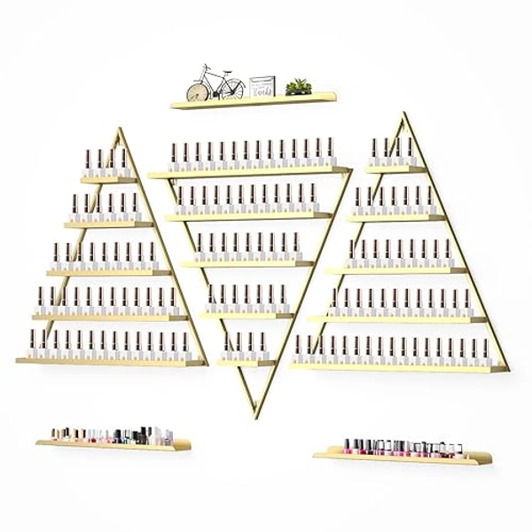 Lorvain Metal Wall-Mounted Nail Polish Storage Racks 5 Tiers Gold Triangular Display Rack Cosmetic Display Cases Lipstick Perfume Wall Shelf Essential Oil Organizers for Home Spa Nail Salon Shop - Gold Triangular