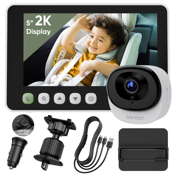 bonoch 5'' 2K Baby Car Camera Backseat - 2025 Upgrade 360 Degree Rotating Wide View USB Powered Baby Car Monitor with Car Charger, Easy Setup Car Seat Camera for Baby Rear Facing with Night Vision