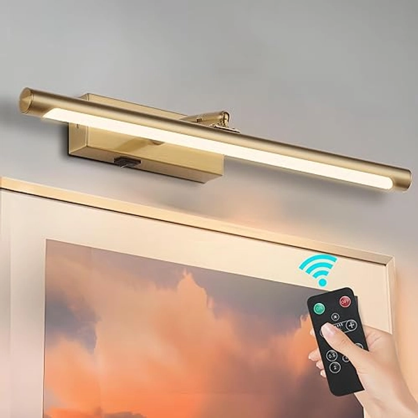 Kiloeye Picture Lights Battery Operated with Remote, Rechargeable Picture Lights for Wall Brightness Dimmable Sticker/Screw Installation, Art Light for Gallery, Artwork (Golden, 12‘’) - 12‘’ - Golden