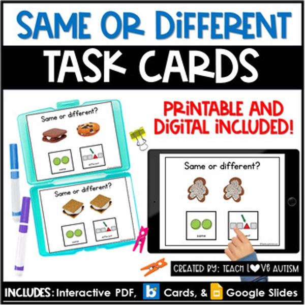 Same or Different | Object Attributes | Math Printable Task Cards | Boom Cards