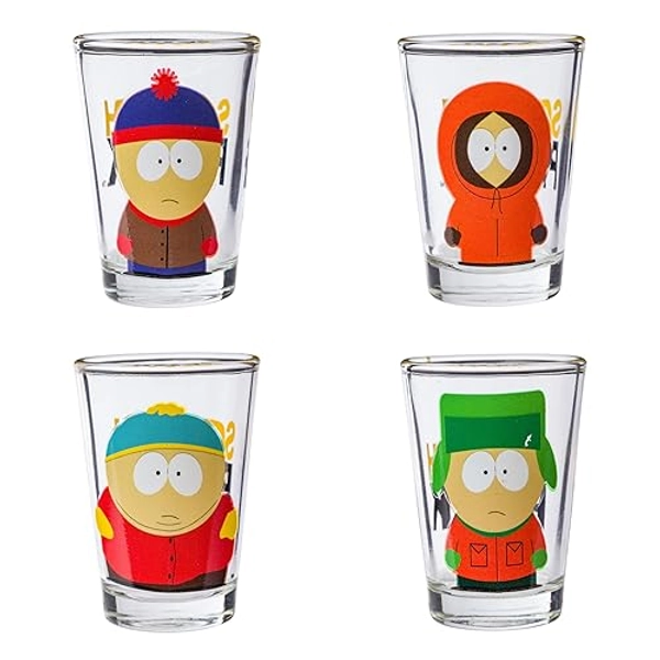 Silver Buffalo South Park Featuring Stan, Kenny, Cartman, and Kyle 4 Pack Mini Glasses, 1.5 Ounces - South Park Main Characters