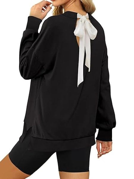 Aisbei Womens Oversized Sweatshirts Crewneck Long Sleeve Tie Back Slit Pullover Tops Fall Fashion Outfits Winter Clothes - Large - Black