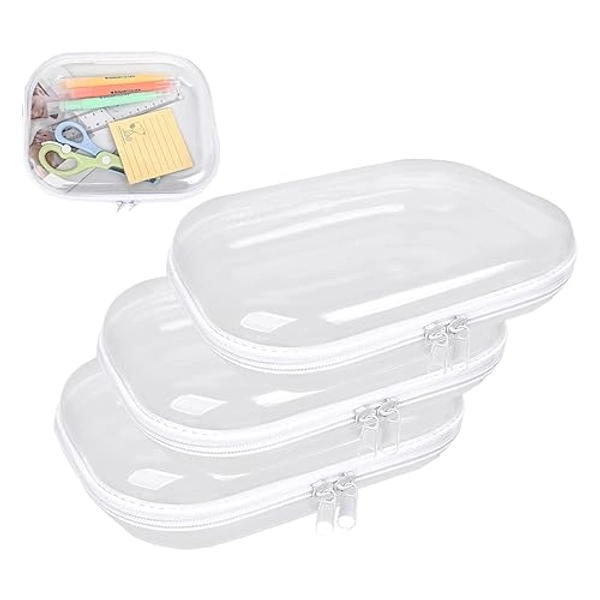 honitty Clear Hard Shell Zipper Case,3PCS Transparent Clear Zipper Pouches,Hard Side Plastic Zipper Pencil Case Set,Portable Travel Storage Organizer Bins - 3PCS-M
