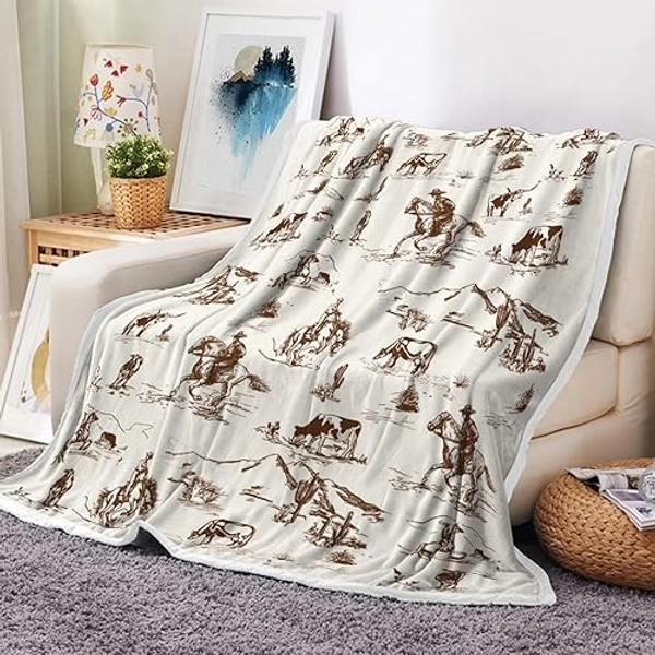 Western Cowboy Throw Blankets, Wild West Cowboy Ride Horse Desert Cactus Cozy Warm Bed Couch Blanket, Farmhouse Country American West Theme Fleece Flannel Throws to Decorate the Room and Bedroom - Wild - 50X60