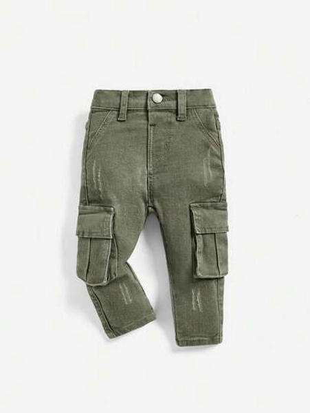 SHEIN Baby Boys' Casual Mid-waist Loose Straight Leg Denim Cargo Pants