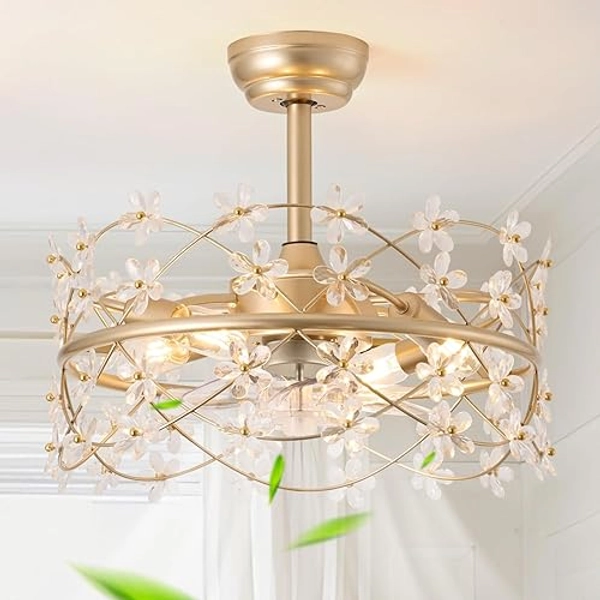 youngrender 20 Inch Gold Caged Ceiling Fan with Light, Flower Chandelier Ceiling Fan with Lights Remote Control, Modern Crystal Fandelier 6 Speeds for Girl's Bedroom, Living Room - 20 Inch Fandelier Gold Caged Ceiling Fan with Light