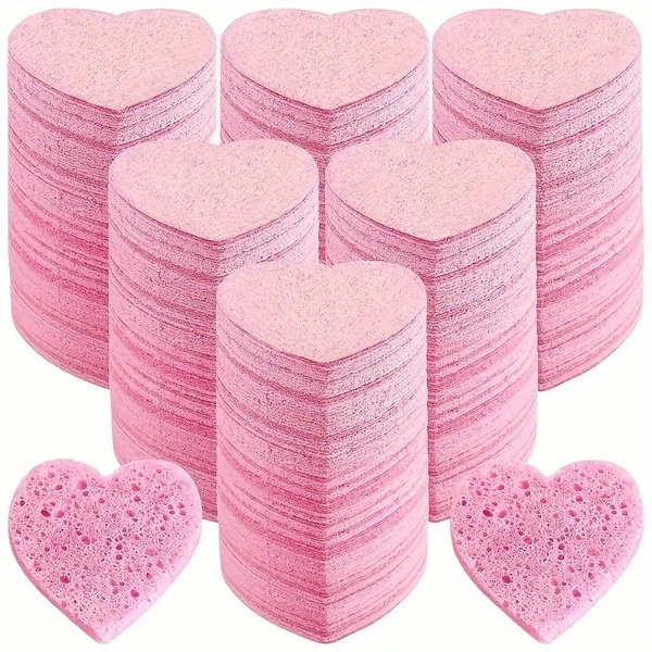 Heart Shaped Natural Facial Sponges - Gentle Exfoliation, Deep Cleansing & Makeup Removal for All Skin Types, Unscented, 50 pcs with Container