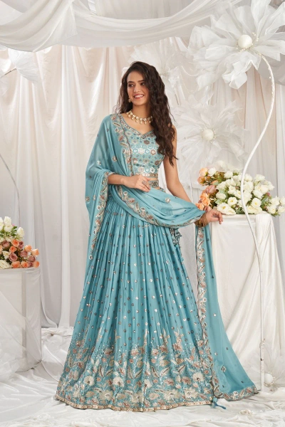 Turquoise Blue Georgette Sequin Lehenga Choli Set