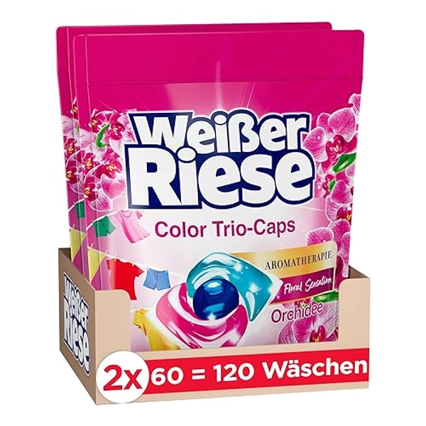 Weißer Riese Color Trio-Caps Aromatherapie Orchidee (120 Waschladungen), Color Waschmittel mit Good Mood-Duft für unwiderstehlich duftende & strahlend saubere Wäsche, 100 % recycelbar - 120 stück (1er Pack) - 120 Waschladungen