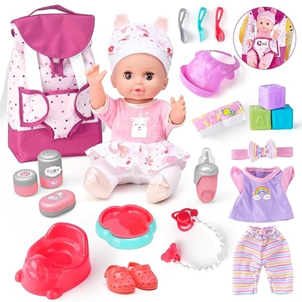 AuntyFey Baby Doll with Accessories Set, Baby Dolls Set for Toddler Girls 3-5 6-12, Toddler Baby Doll Set, Baby Doll Playset, Baby Dolls for 5 Year Old Girls, Baby Doll Toys Pretend Play Toy(BackPack) - BackPack