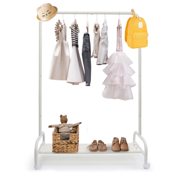 Kids Clothing Rack With Wheels, Small Baby Clothes Rack With Bottom Storage Shelf, Kids Dress Up Rack Storage For Coats, Dance Costume Garment Rack For Hanging Clothes
